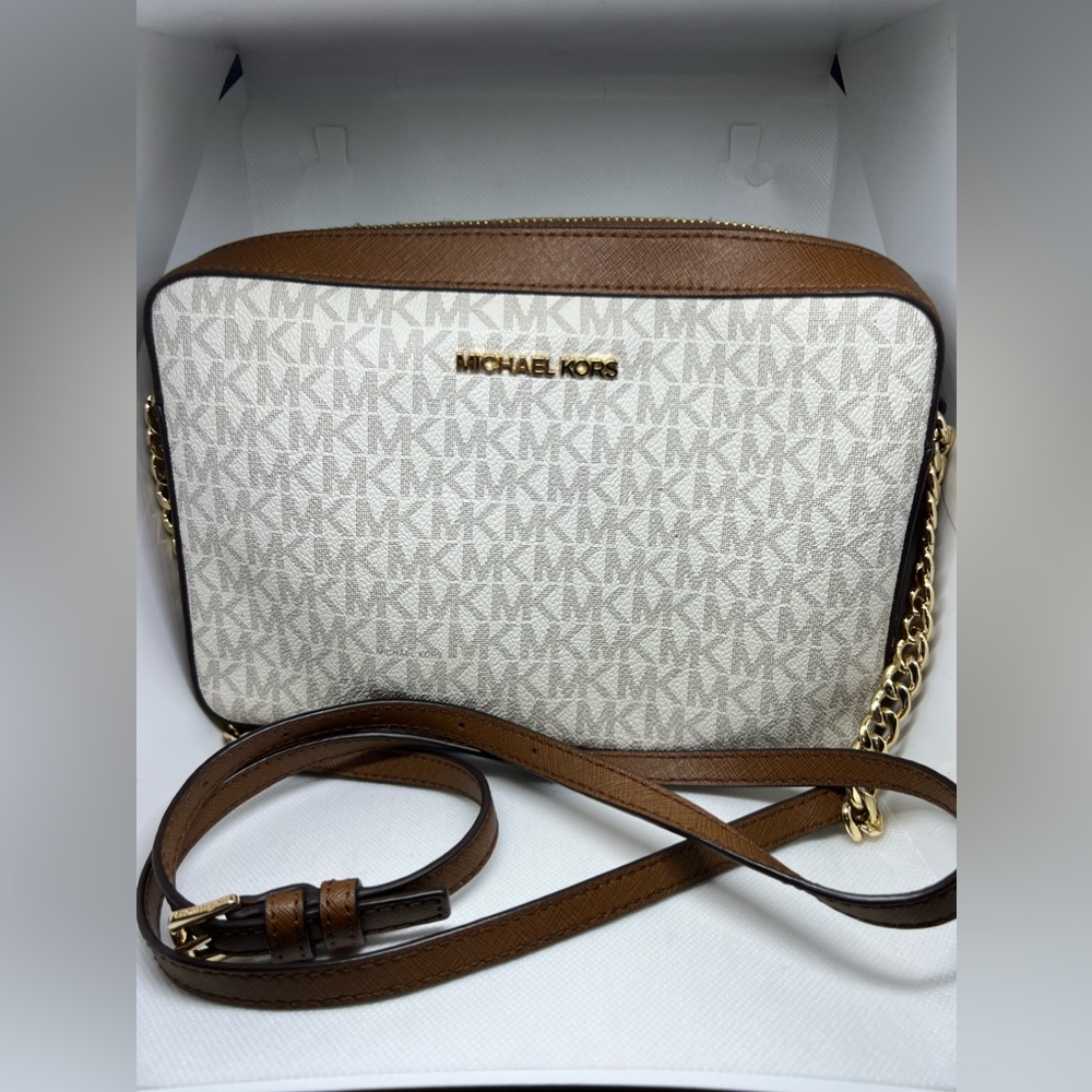 Michael Kors Cream and Tan MK Crossbody